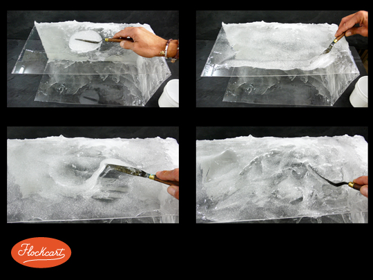 Icebergum è applicabile sia in orizzontale che in verticale, spatoliamo il prodotto sino ad ottenere l'effetto desiderato che bloccheremo grazie all'azione dell'aria calda del phon da sverniciatura..
 
