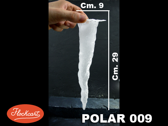 Stalattiti Polar Mod. 009 . Stalattite di Grosse dimensioni, cava, traslucente.
Lunghezza Cm. 29 . Larghezza base Cm. 9 